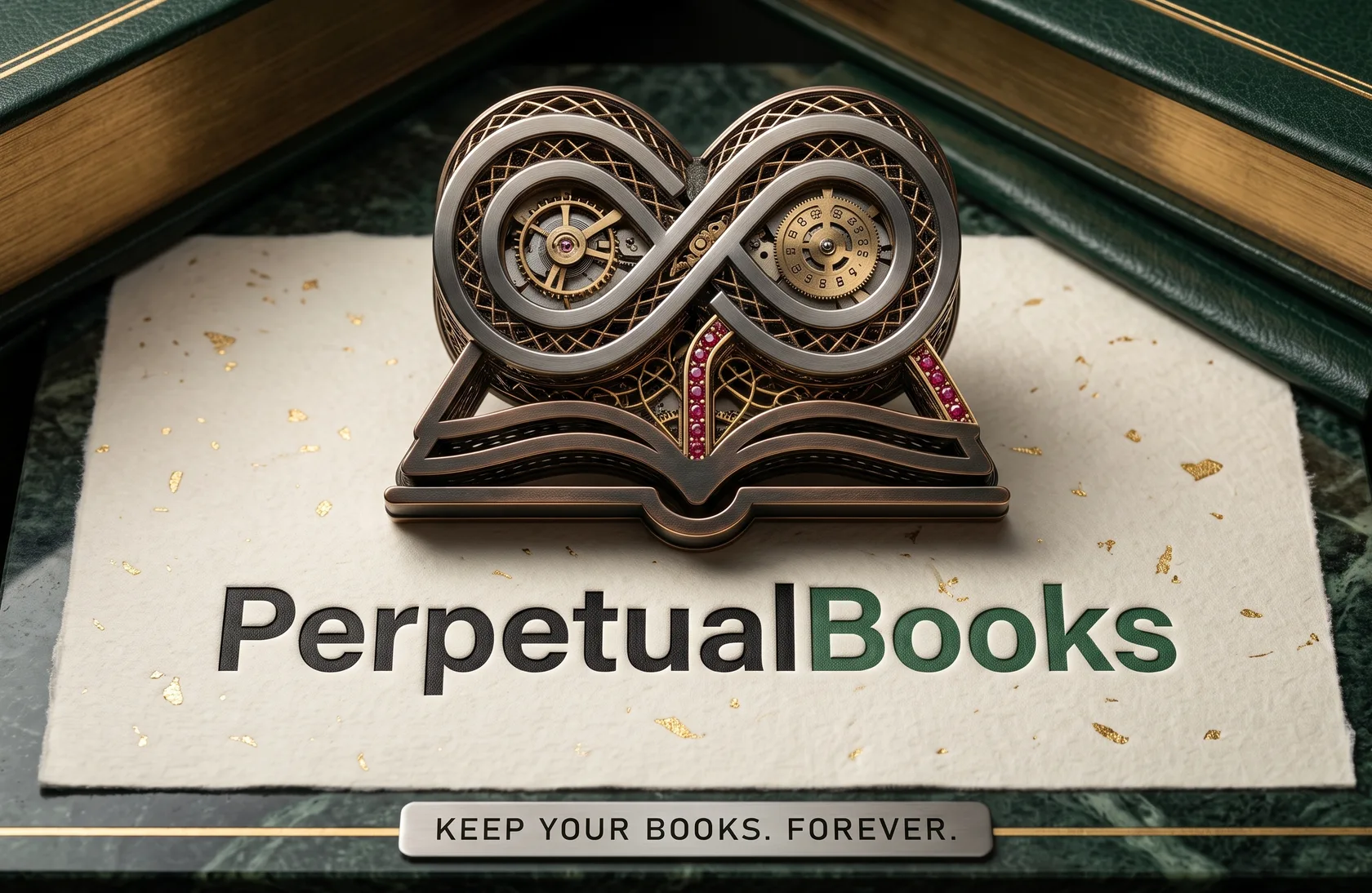 PerpetualBooks -- a bronze clockwork open book whose pages rise into an infinity loop, on gold-flecked cream paper